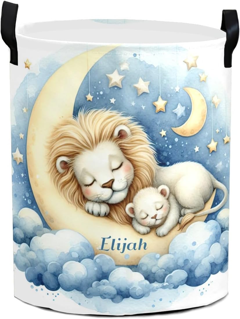 Lion Blue Safari Animal Moon Laundry Hamper, Personalized Name Waterproof Laundry Basket with Name, Customized Clothes Storage Organizer Gift for Boys Girls Room, Bedroom, Bathroom
