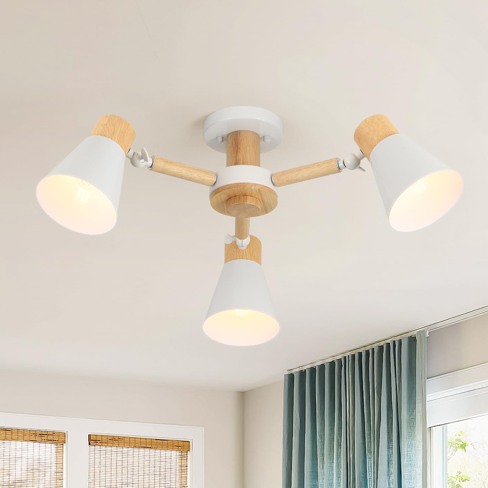 Schindora White Ceiling Lights 3-Lights,Wood and Iron Chandeliers Ceiling Light Ø55Cm Adjustable Light Arms Lamp E27 Modern Ceiling Lights Living Room for Kitchen Bedroom
