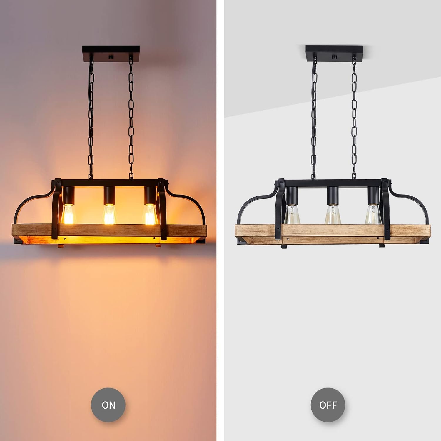 WUZUPS 3-Light Metal Pot Hanging Rack Chandelier Imitation Light Wood Grain Linear Pendant Ceiling Lighting Rustic Farmhouse Fixture Kitchen Island Dining Room, H 9.8" L 24.8" W11.8, E26 Base, Black