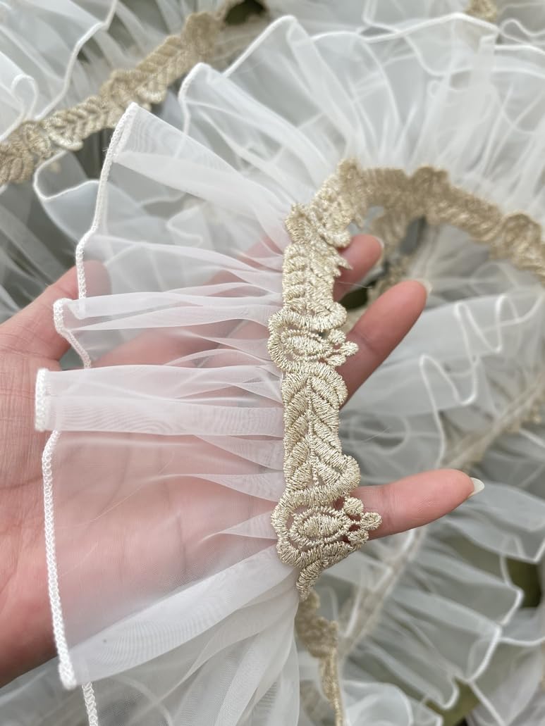 Dressmaking Frilled Trim, Pleated Organza Fabric Ruffle with Gold 3D Fringe Ribbon Wedding Dress Collar DIY Sewing Supplies(B Style)