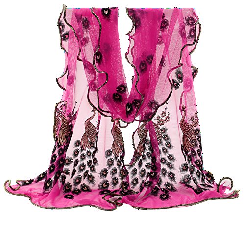 SANWOOD® Trendy Women Gauze Embroidered Peacock Veil Church Mantilla Scarf Wrap (Rose-Red)