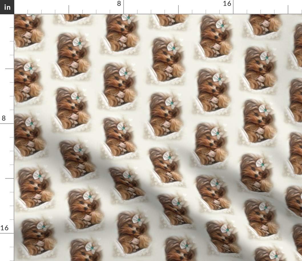 Spoonflower Fabric - Lamb Yorkie Toy Dog Painting Bow Printed on Petal Signature Cotton Fabric by The Yard - Sewing Quilting Apparel Crafts Decor