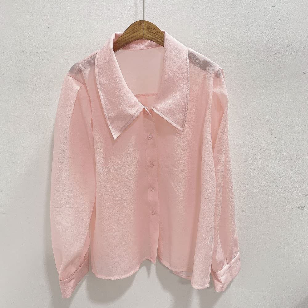 Damen-Hemd Mit Knopfleiste,Damen Satin Bluse Hemd Rosa Durchsichtig Langarm Vintage Mode Seidenhemden Business Hemd Mit Knopf Sexy Party Tops Lässige Arbeit Bürobluse Für Mädchen Damen
