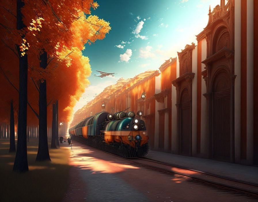Peinture sur toile train paysage automne déco murale salon