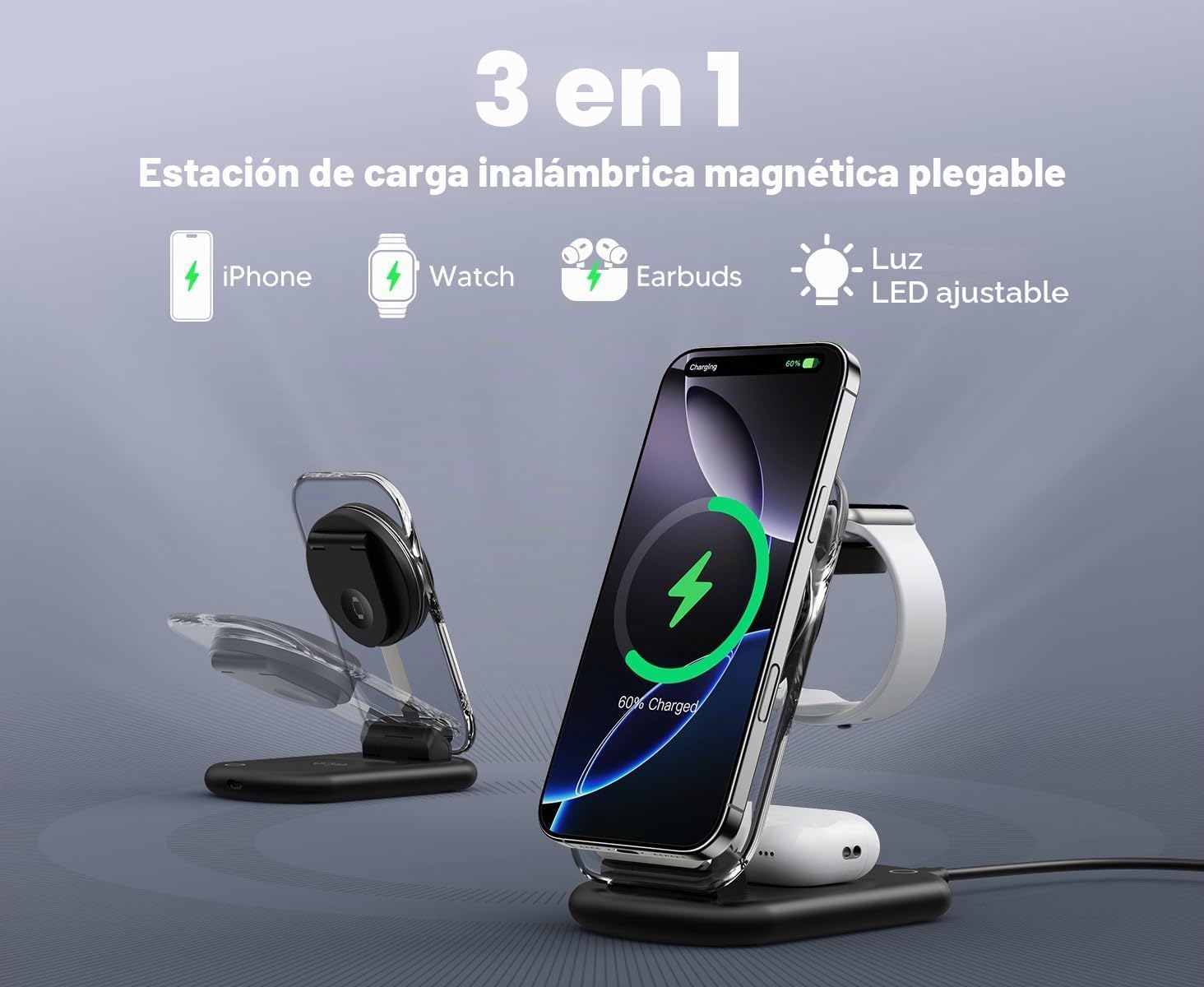 Estación de Carga inductiva, estación de Carga MagSafe 3 en 1 Compatible con iPhone 17 16 15 14 13 12 Pro MAX/Air/Plus/Pro, para Apple Watch 10/9, AirPods 3/2/Pro, Plegable, Negro carbón 3