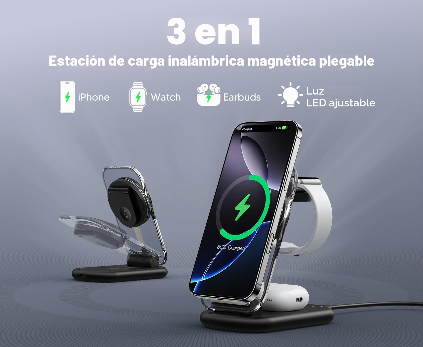 Estación de Carga inductiva, estación de Carga MagSafe 3 en 1 Compatible con iPhone 17 16 15 14 13 12 Pro MAX/Air/Plus/Pro, para Apple Watch 10/9, AirPods 3/2/Pro, Plegable, Negro carbón