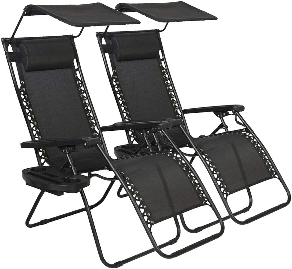 Zero Gravity Chair with Canopy Set of 2, Outdoor Folding Lounge Chair Chaise with Cup Holder, 250LBS Weight Capacity Recliner Chairs for Patio, Pool,