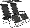 Zero Gravity Chair with Canopy Set of 2, Outdoor Folding Lounge Chair Chaise with Cup Holder, 250LBS Weight Capacity Recliner Chairs for Patio, Pool, Beach, Lawn, Deck, Yard - Black