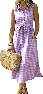 utcoco Womens 2026 Summer Casual Plaid Shirt Dress Tie Waist Sleeveless Button Down Dress with Pockets