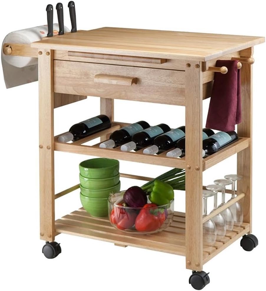 Pemberly Row Transitional Solid Wood Kitchen Cart, Natural Finish, 31.57" H x 34.29" W x 20.47" D, Knife Block, Wine Rack for 4 Bottles, Towel Hooks, Deep Drawer, Bottom Shelf for Kitchen Storage Use