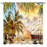YUANZU Pirate Schiff Vorhänge Tropische Palmen Papagei Ösen Gardinen mit Blickdichte Vorhang Kälteschutz Blackout Curtain Wohnzimmer Schlafzimmer Verdunkelung Fenster, 2 Stück, H 245 x B 140 cm