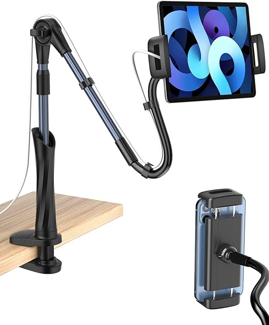 PEMOTech 2022 Newly Upgraded Gooseneck Tablet Holder Stand for Bed, 90 cm Flexible Lazy Arm 360°Rotation Horizontally + 220° Rotation Up and Down, iPad Holder for iPad iPhone or Other 4-12.9" Devices