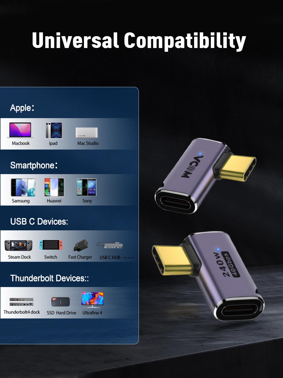 Cable Matters 2-Pack 40Gbps Adattatore USB C Piatto Ad Angolo Retto Con 240W PD (Adattatore USB C A 90 Gradi) - Porta Thunderbolt 4, USB4, Thunderbolt 3 Compatibile Con IPad Pro, IPhone - Foto 9