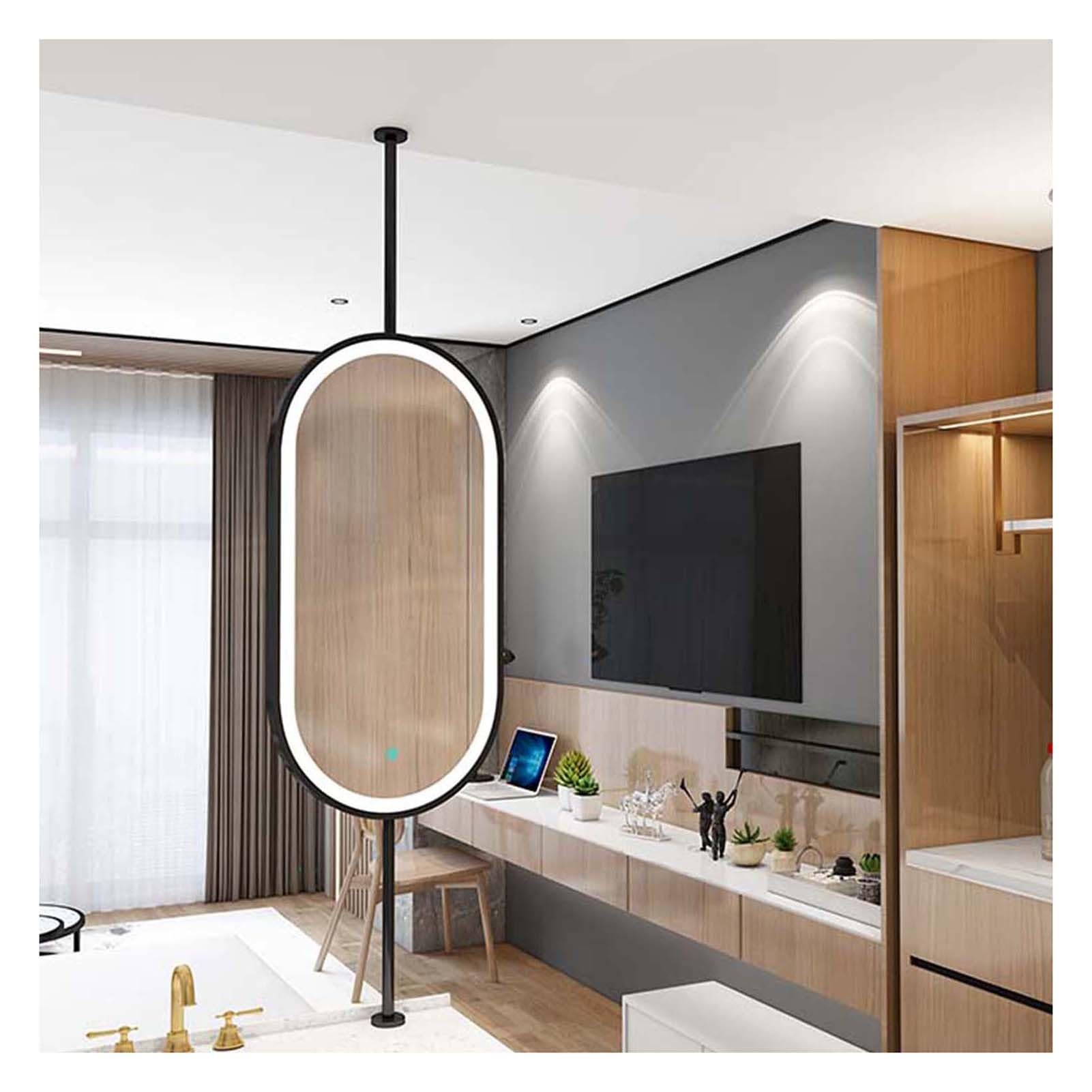 SBCGFY Ceiling Hanging Mirror,Hotel Floating Vanity Mirror Clear and Practical,Luminous Vertical Hanging Mirror,for Entryway Living Room,Boom Can be Customized(Black 90L x 60W cm)