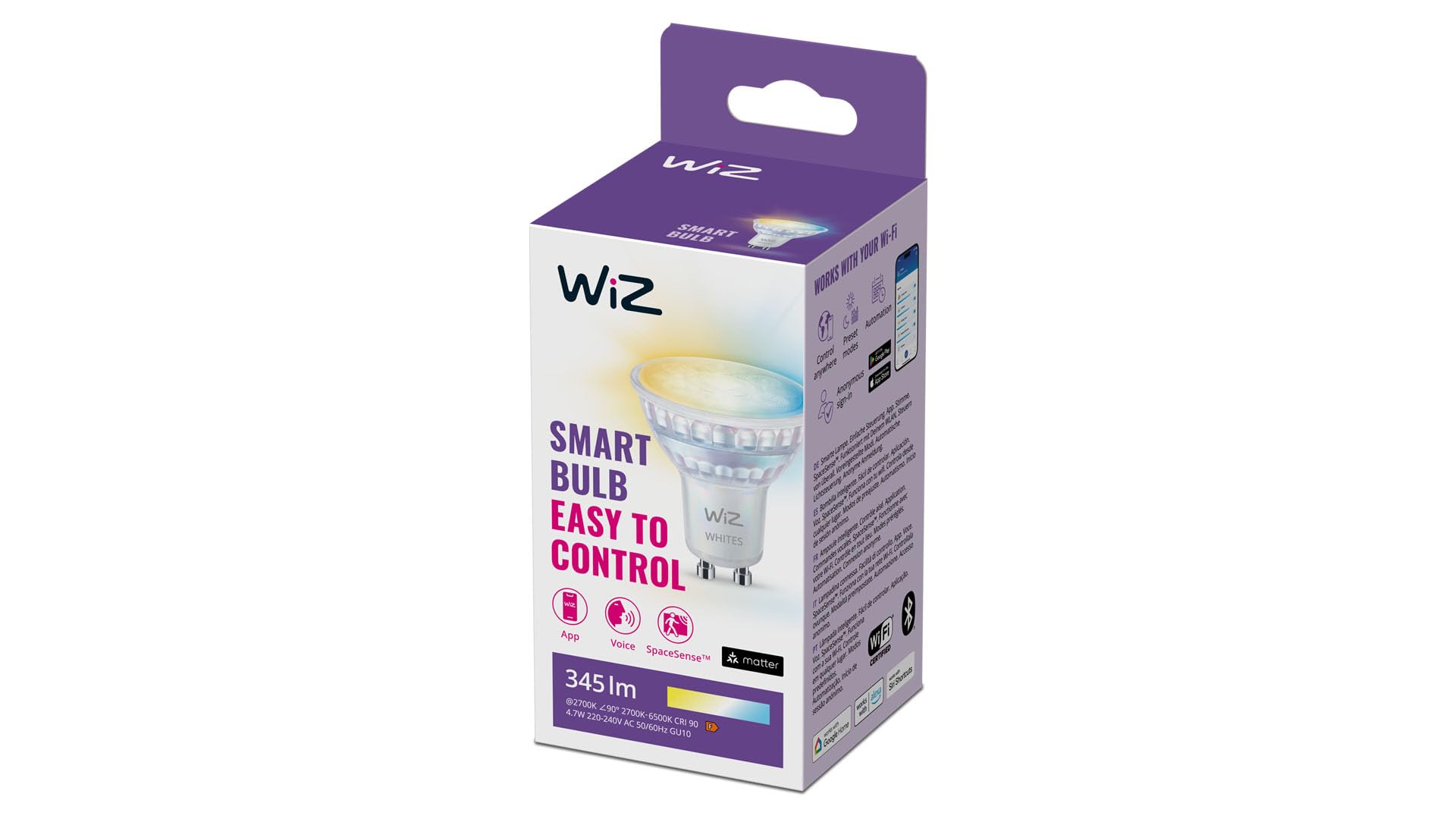 Wiz Light/White Smart Led Spot Bulb, Gu10, 4.7W, 345 Lumens, 50W Equivalent, Tunable 2700-6500K, Dimmable, App & Voice Control With Homekit, Alexa And Google Size 4