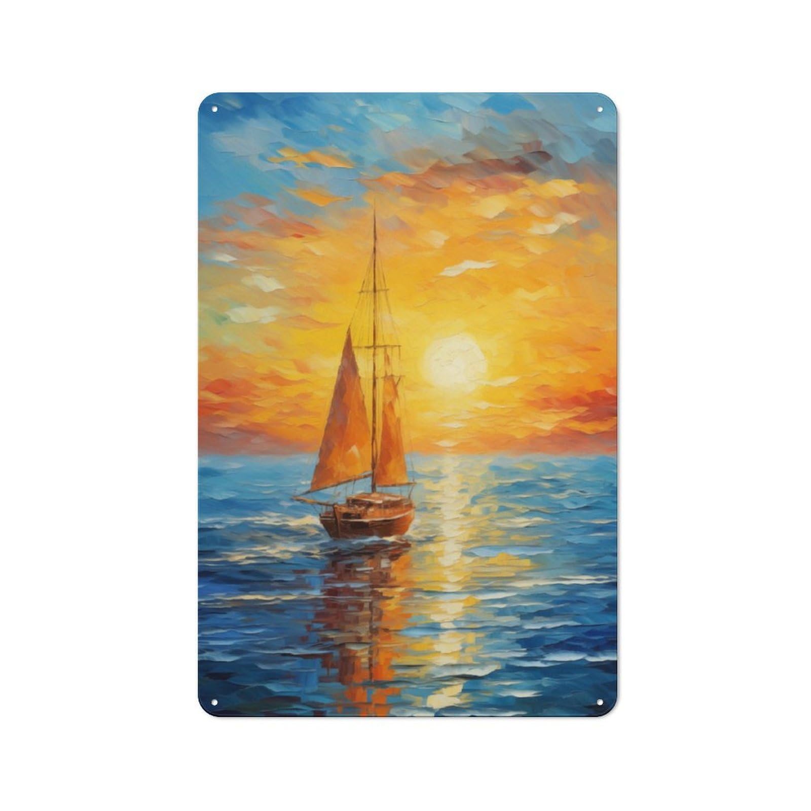 Junmoney Sailboat Sunset Rustic Metal Sign 30X20cm Featuring For Hallway Wall, For Collectors Decorating Hallways And Entrance Areas