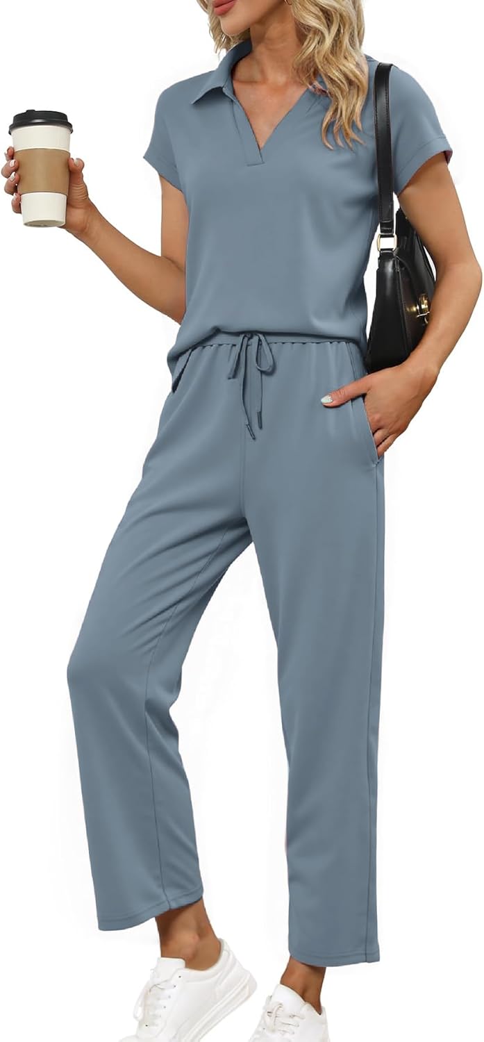 Glamaker Womens 2 Piece Summer Outfit Lounge Set Cap Sleeve Polo Top And Pant Set Tracksuit Travel Matching Outfit 2026