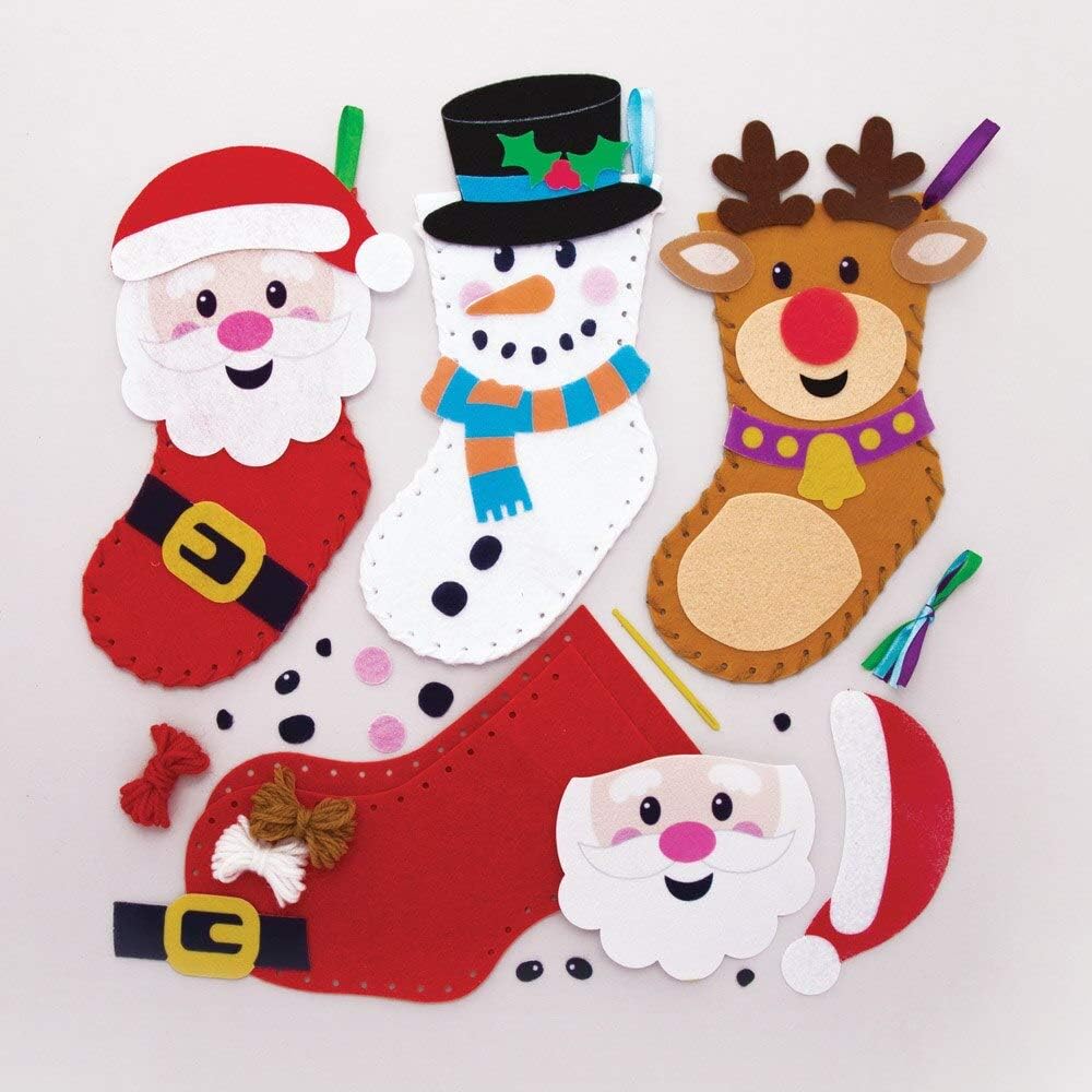 Baker Ross AT189 Christmas Stocking Sewing Kids - Pack of 3, for Festive Crafting, Beginners Embroidery, Dexterity and Ornaments
