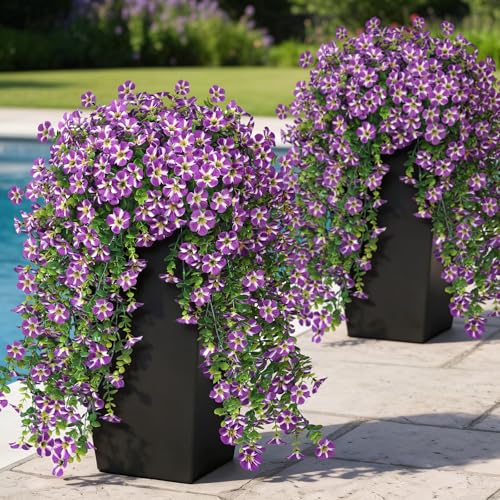 Image of 4 Bundles 29.5 inch Artificial Hanging Silk Flowers for Front Door(Purple) | Realistic Fake Morning Glory Flowers with Faux Eucalyptus, for Eave Porch Yard Garden Patio Balcony Home Outdoor Decoration
