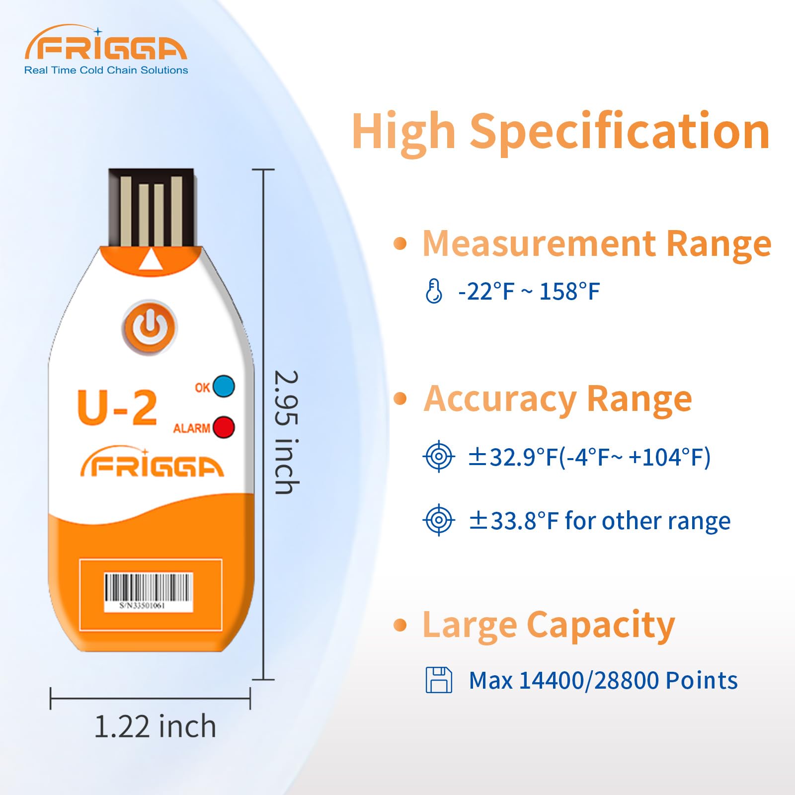Frigga 10 registradores de datos de temperatura USB de un solo uso, 100 días, termómetro de alta precisión, monitor de 14400 puntos con informe PDF CSV, U2