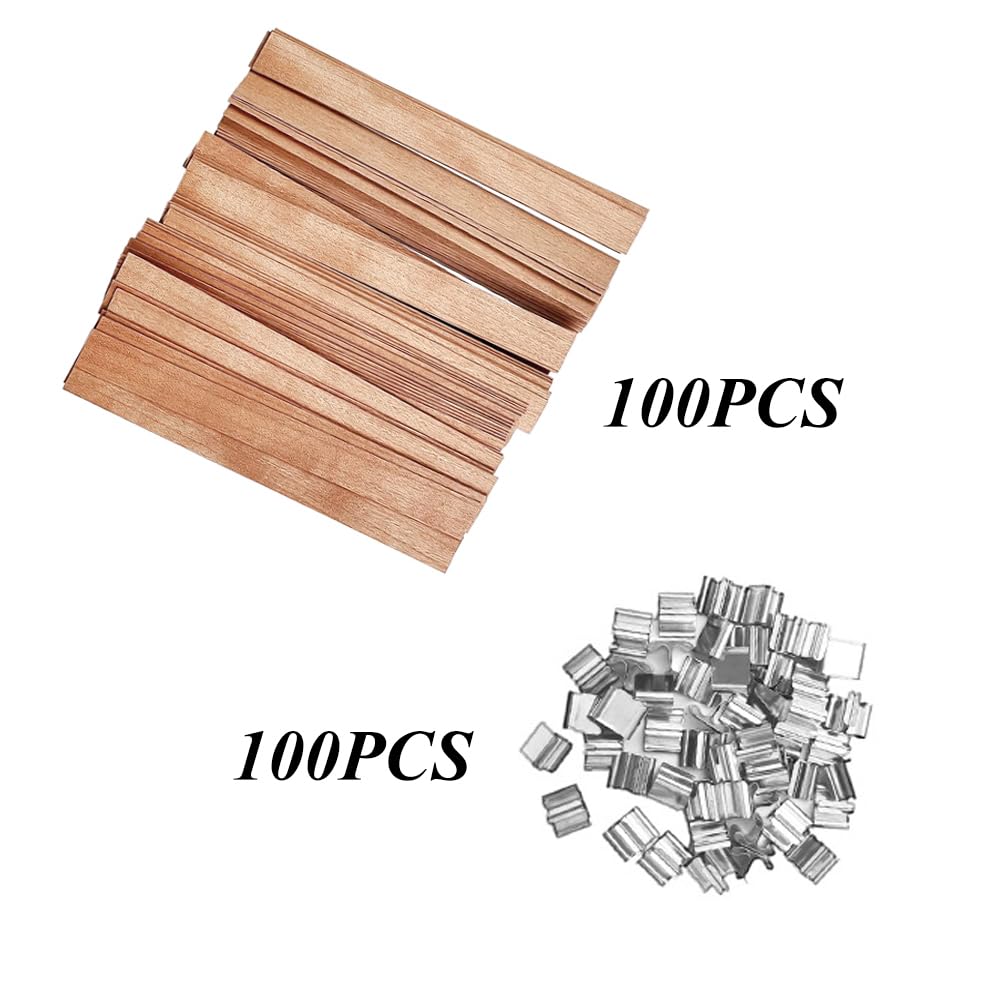 100 Mèches De Bougie En Bois + 100 Supports Métal - Pour Fabrication De Bougies Artisanales DIY - Ajustables Et Coupables