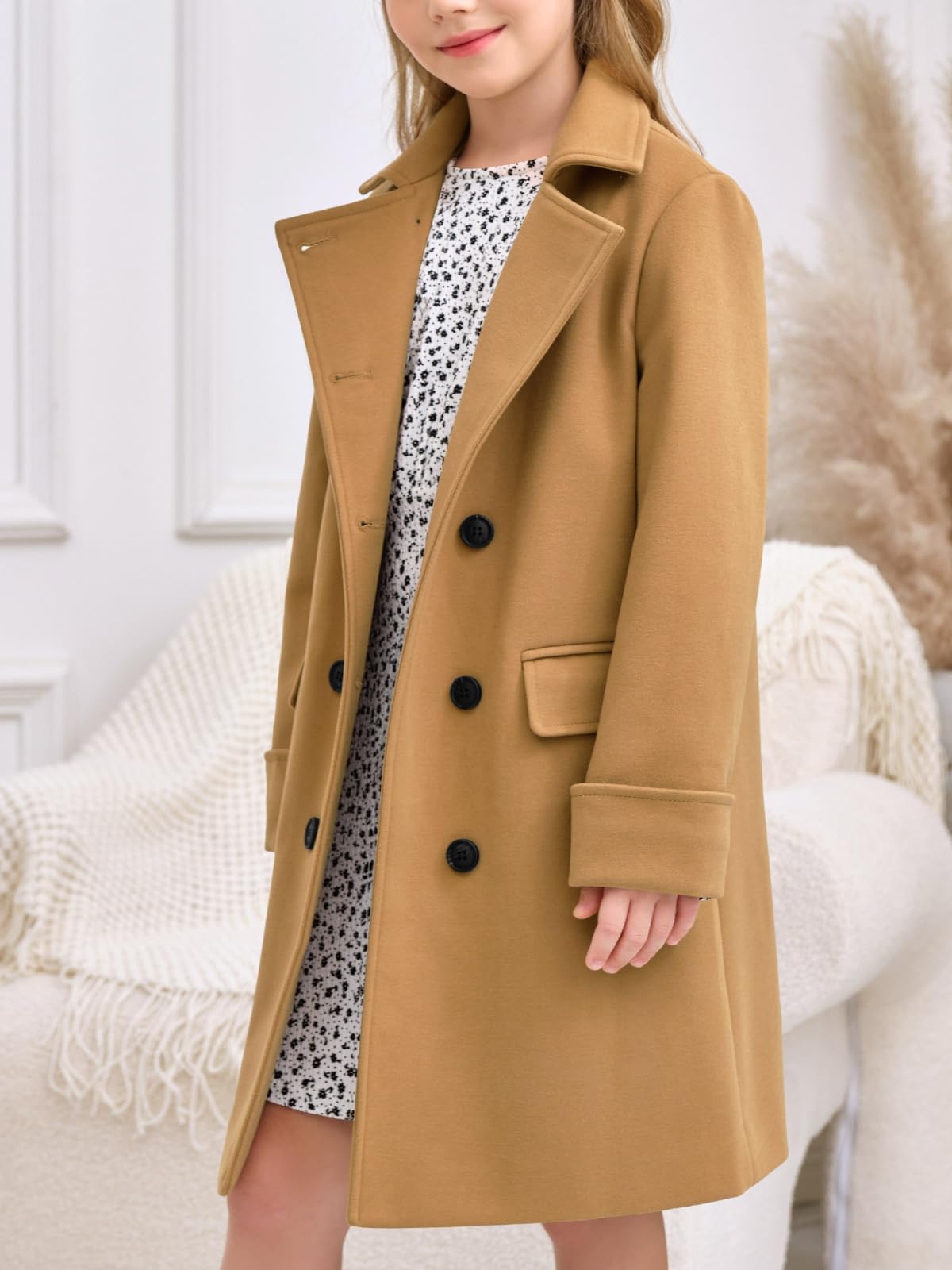Haloumoning Trench a doppio petto per bambine, con risvolto e tasche, 5-14 anni | Tasche funzionali, bambini, cappotto, cappotti invernali, cappotto lungo, capispalla