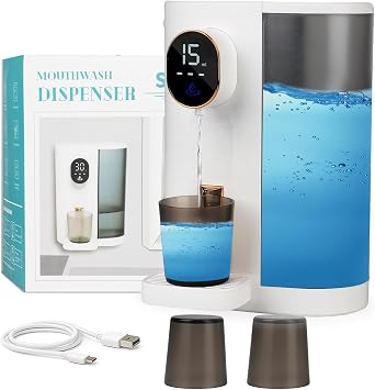 Automatic Mouthwash Dispenser 20.3oz Touchless for Bathroom & Kitchen | Mouth Wash Dispenser for Kids and Adult, 2 Magnetic Cups, 3 Dispensing Level, Wall Mounted Bathroom Accessories for Home