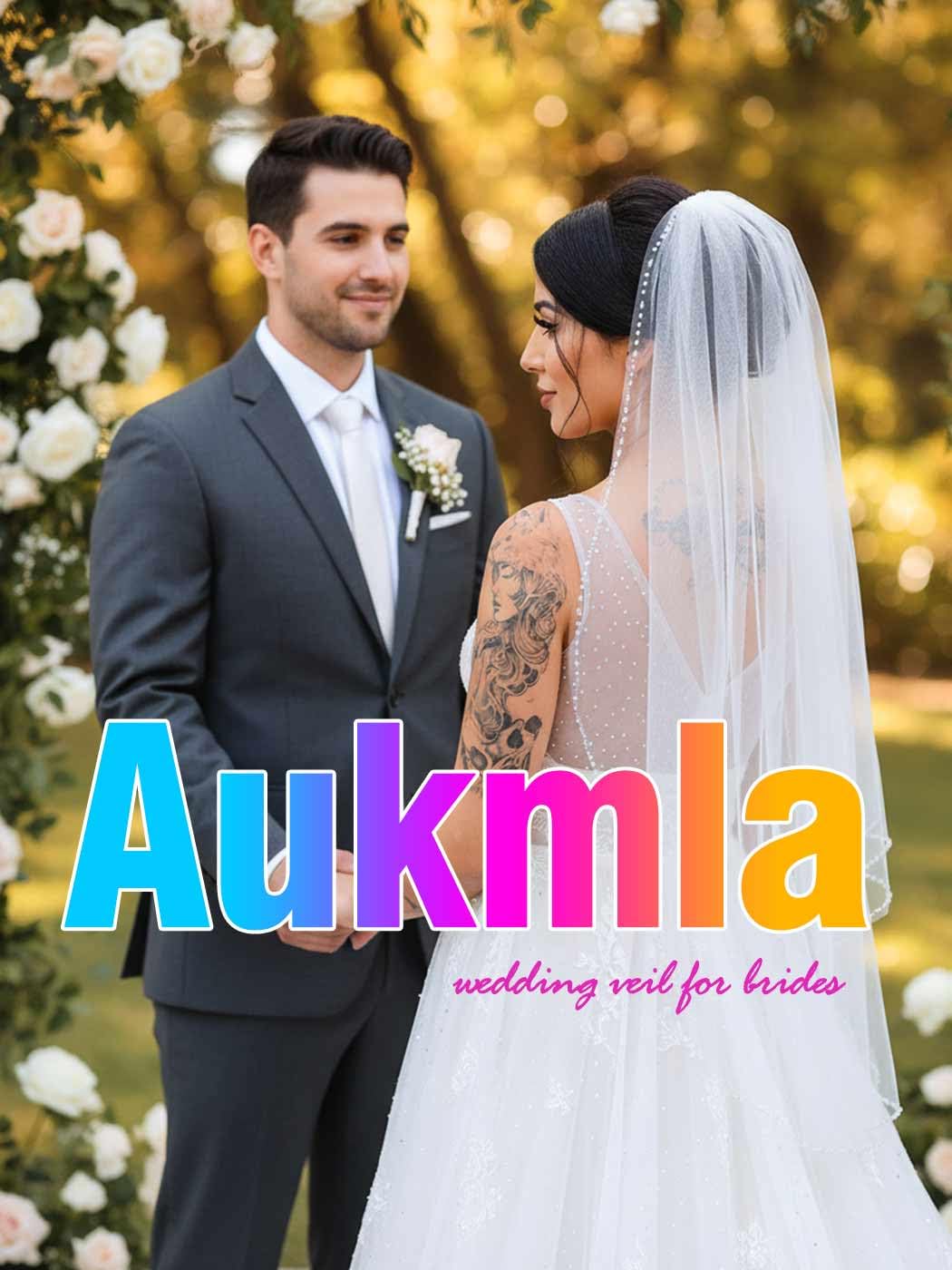 Amazon.com: Aukmla Beaded Edge Wedding Veil Fingertip Length  display picture 3