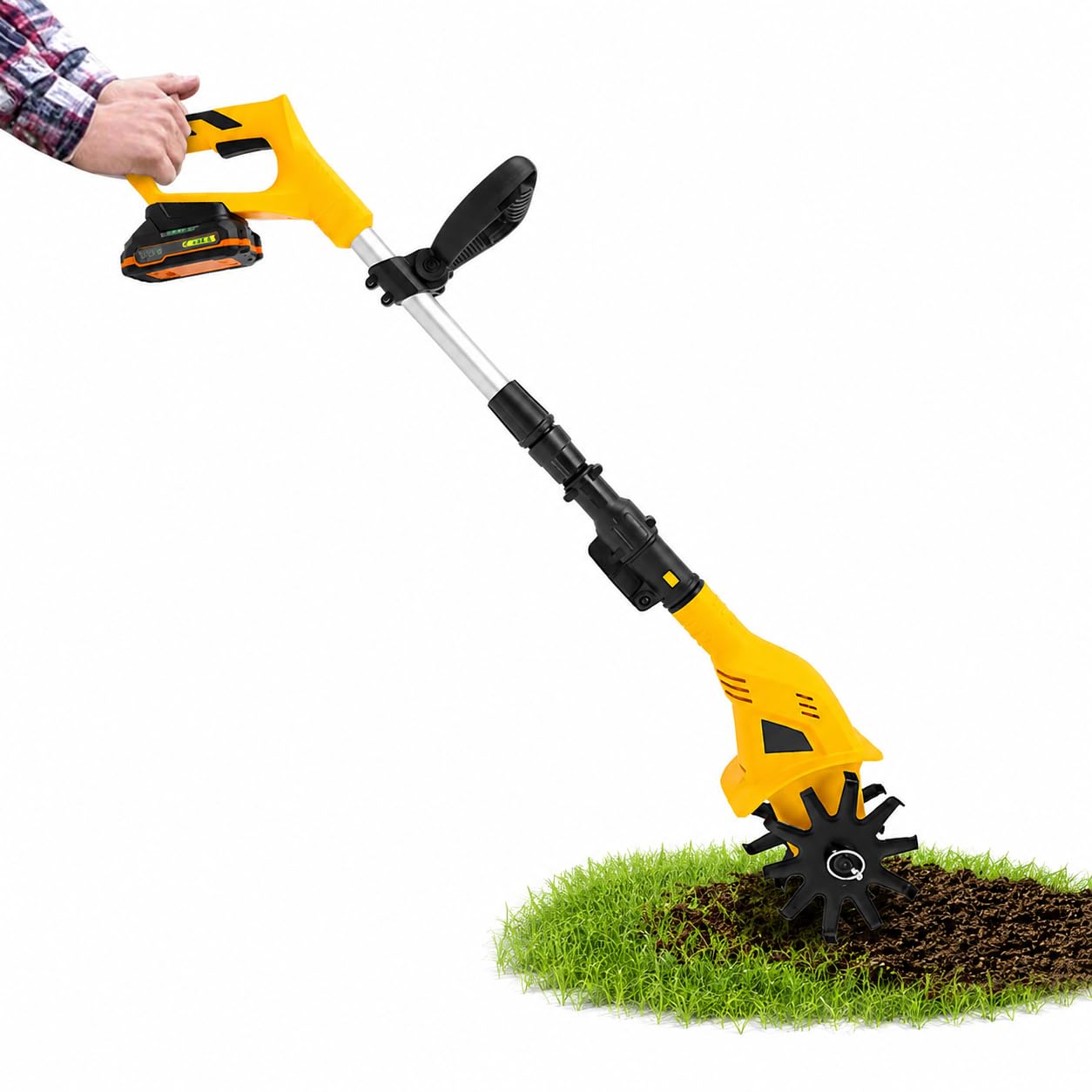Azada eléctrica de suelo, fresadora de jardín de 25 cm de profundidad de trabajo, 30 cm de ancho de trabajo, bajo ruido, 85 dB, longitud ajustable 97-117 cm, diseño plegable para arriates, jardín
