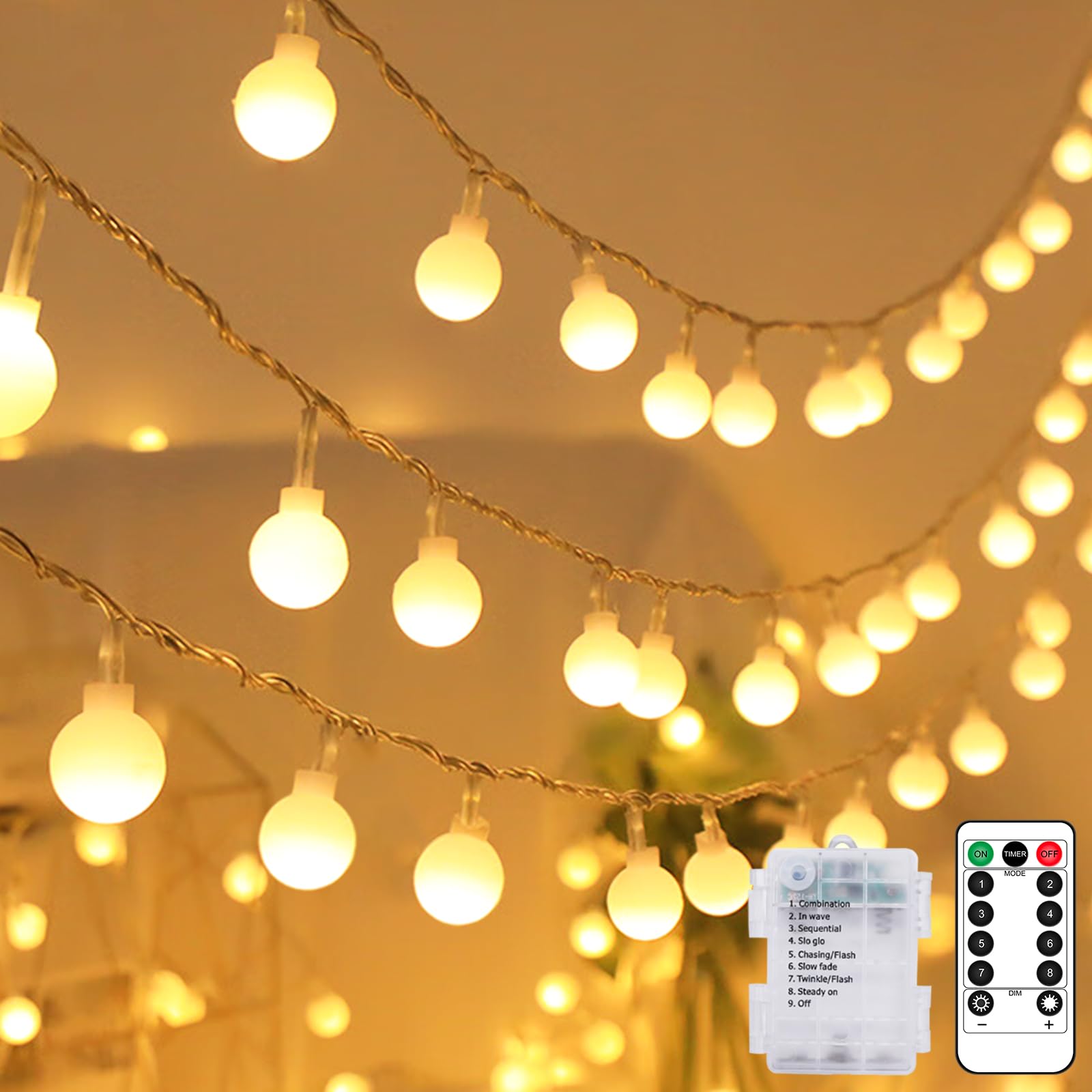 kolpop Lichterkette Batterie Innen, 80 LED Warmweiß Lichterkette Kugeln, Wasserdicht Lichterketten Außen mit Timer Fernbedienung, 8 Modi für Zimmer, Balkon, Hochzeit, Party, Weihnachten Deko