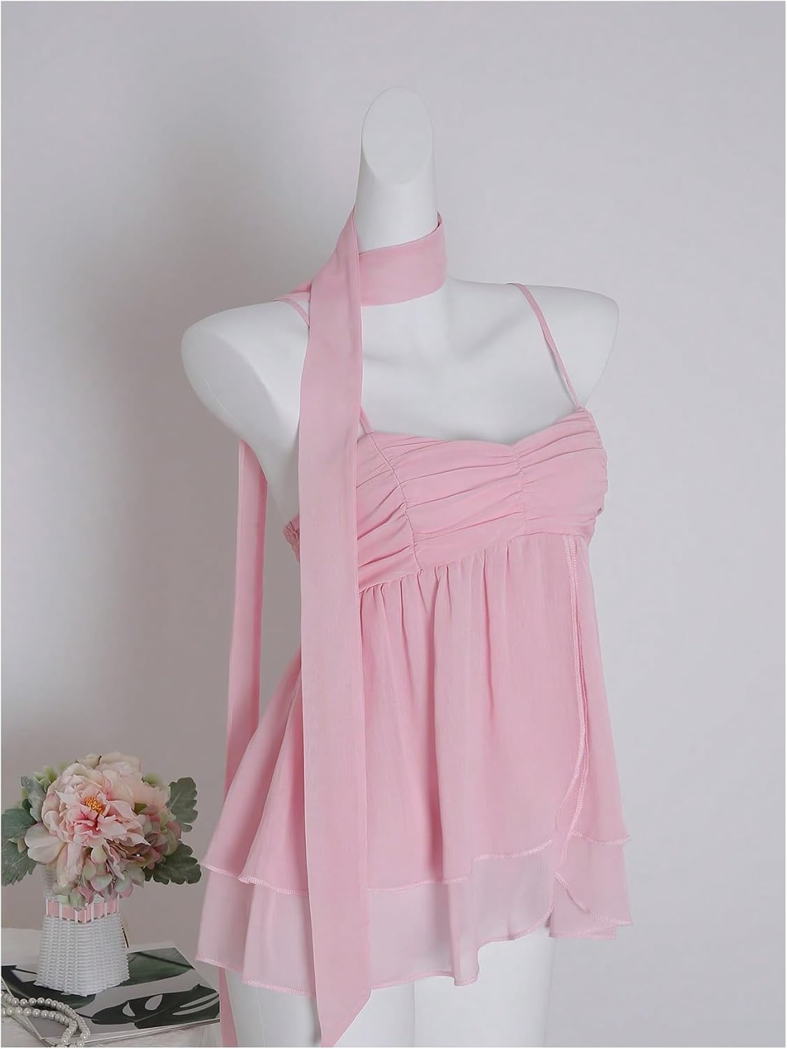 Verdusa Women's Y2K Tiered Layered Slit Chiffon Camisole Tops Flowy Babydoll Tops with Scarf - Image 3