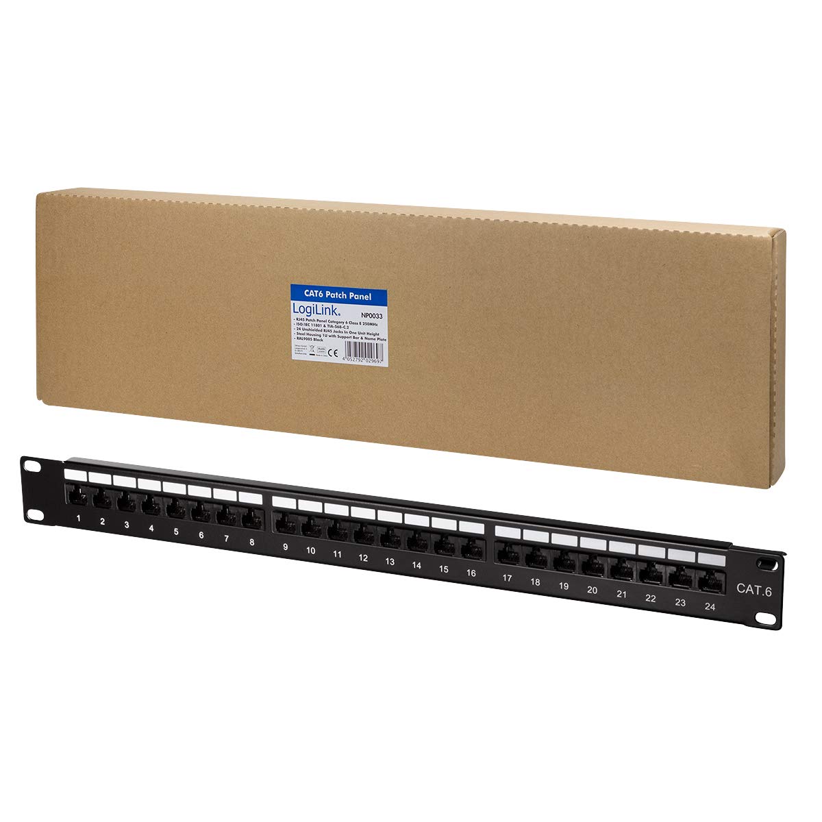 LogiLink Pannello patch Professional PrimeLine Cat.6 (250 MHz) – Pannello di distribuzione, 19", UTP (non schermato) 24 porte (RJ45) – UL elencato + 3P testato!