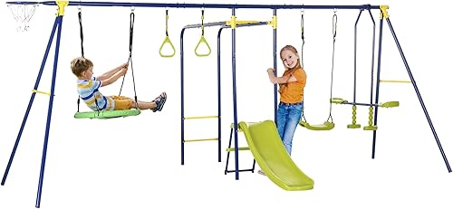Outsunny Juego de columpios de metal para patio trasero con columpio de platillo ajustable, aro de baloncesto, anillos, tobogán al aire libre,