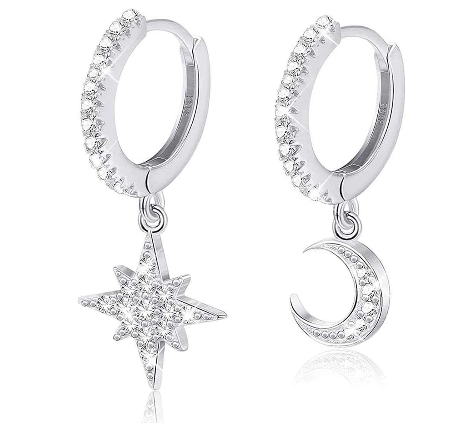 MILACOLATO pendientes Aros Plata de Ley 925 CZ Pendientes Aro Gota de Cartílago Asimétrico Minúsculo Pendientes con Colgante de Luna para Mujeres