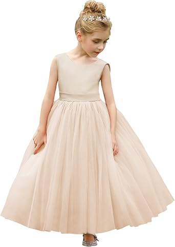 ABAO SISTER Flower Girls Satin Tulle Princess Pageant Dress for Wedding Kids Party Prom Ball Gowns Dresses