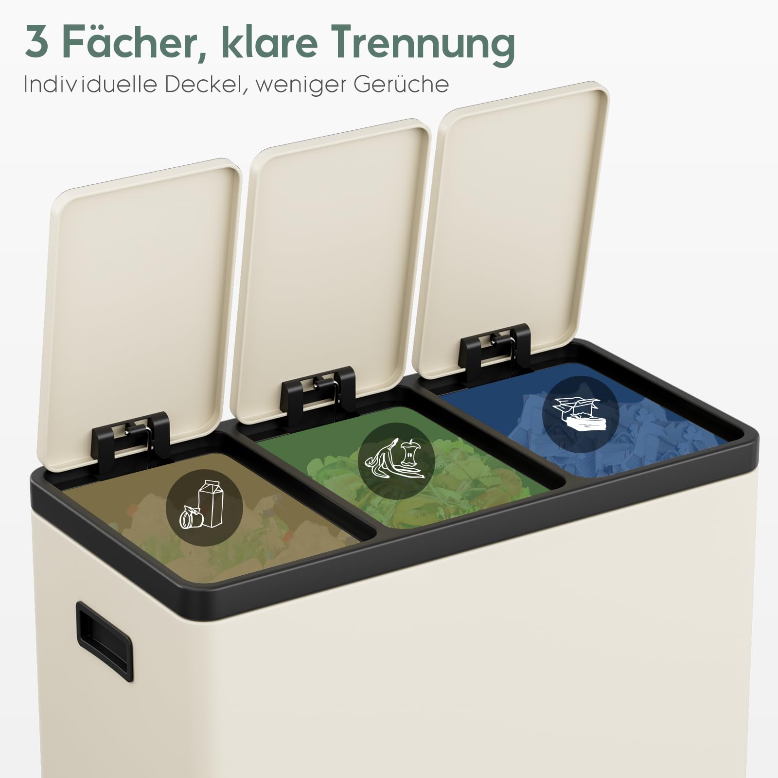 Clevich Mülltrennsystem 3×15L aus Stahl, Mülleimer 3 Fächer mit farbcodierten Pedalen, Abfalleimer mit Soft-Close-Deckeln und Inneneimern, Beige