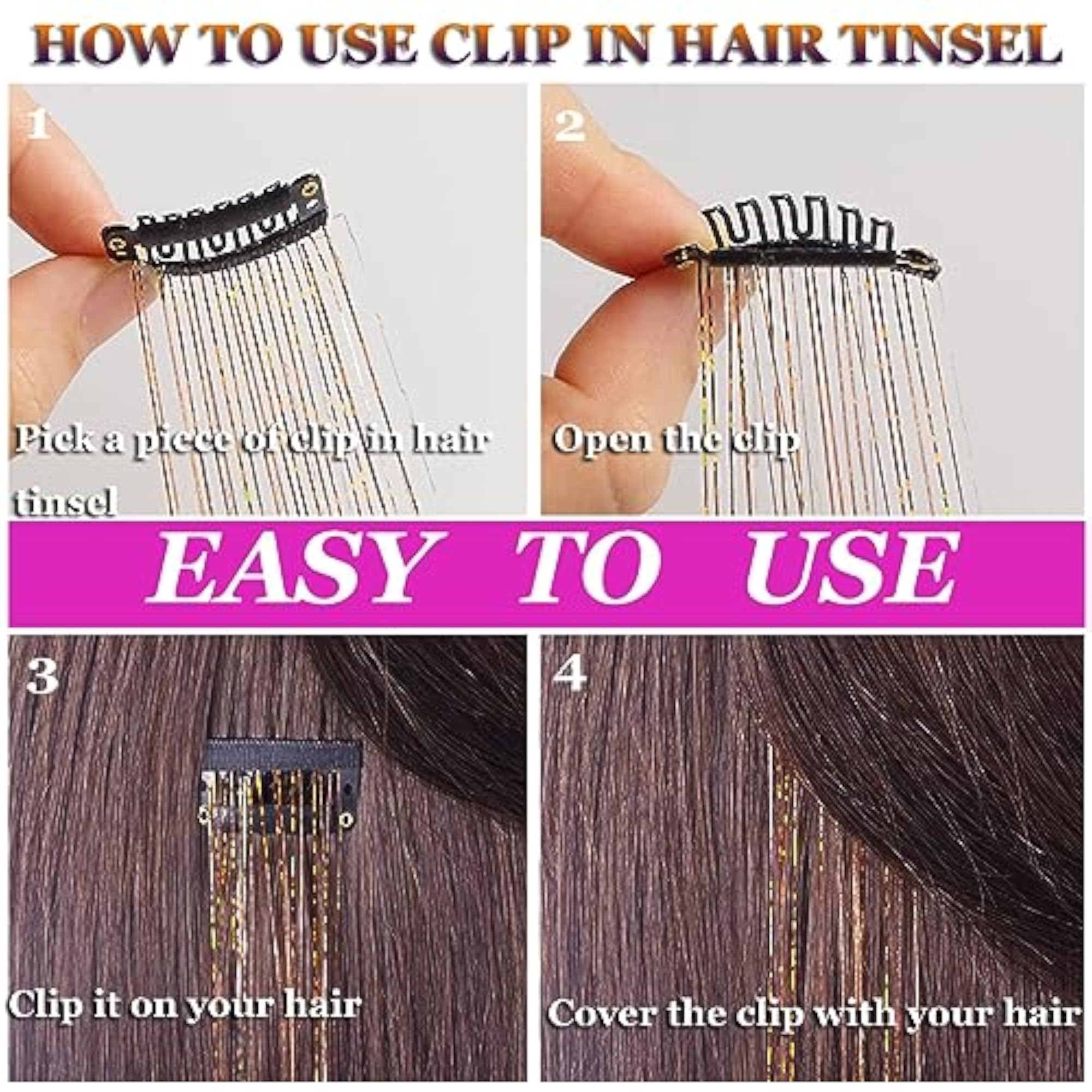 2pc Hair Tinsel Clip In, 24 Inch, Laser Silver Color