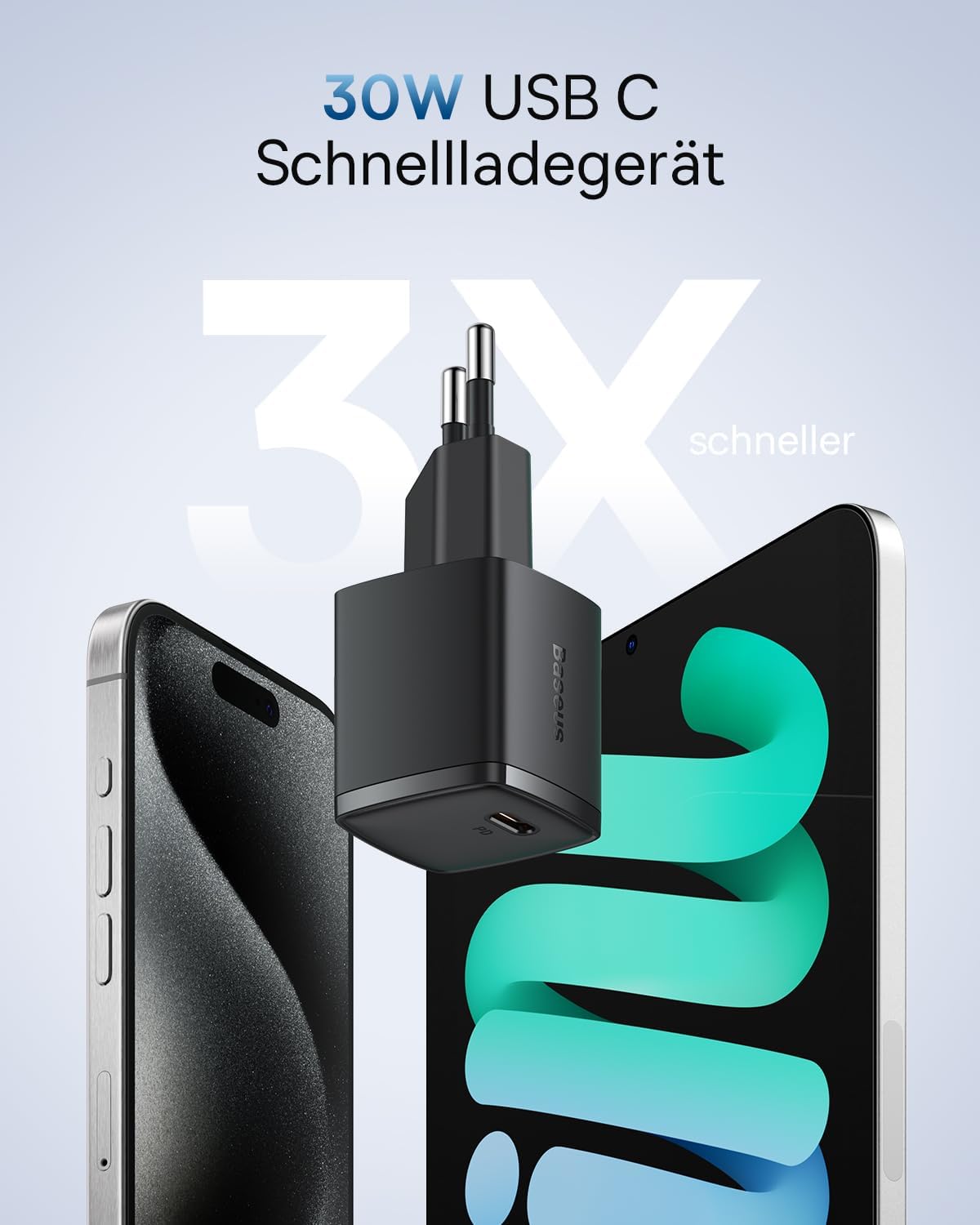 Baseus Caricatore USB C, 30 W, Caricatore Rapido per iPhone 17 16, 15, 14, 13, 12, 11, Pro Max, Galaxy 25, 24, Caricatore per Cellulare, Spina USBC, Adattatore di Ricarica Rapida