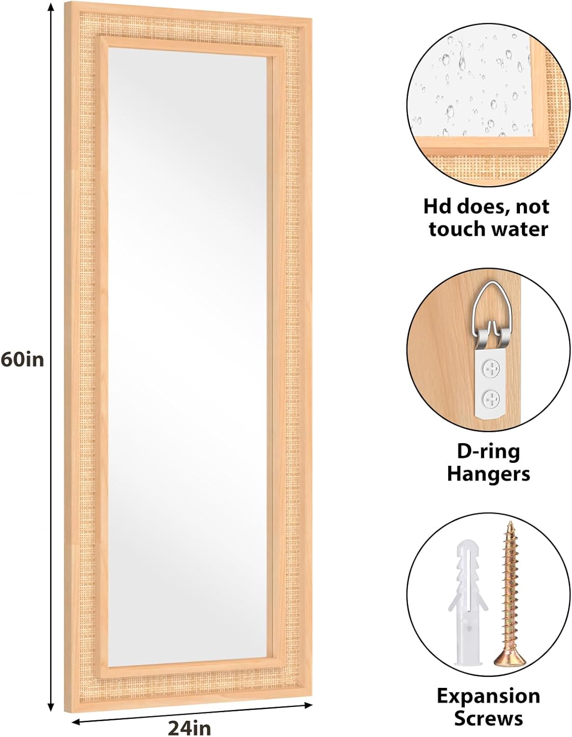 Rattan Full Length Mirror, 24 X 60 inch Wood Bathroom Vanity Mirror, Free Standing or Wall Mounted Full Body Mirror for Bedroom, Living Room, Dressing Room