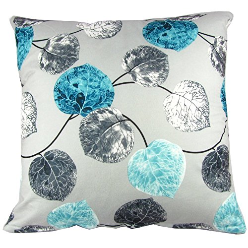 Cushion Case Pillow Cover Square 18x18Inch Cotton Polyester Blue Grey Leaves
