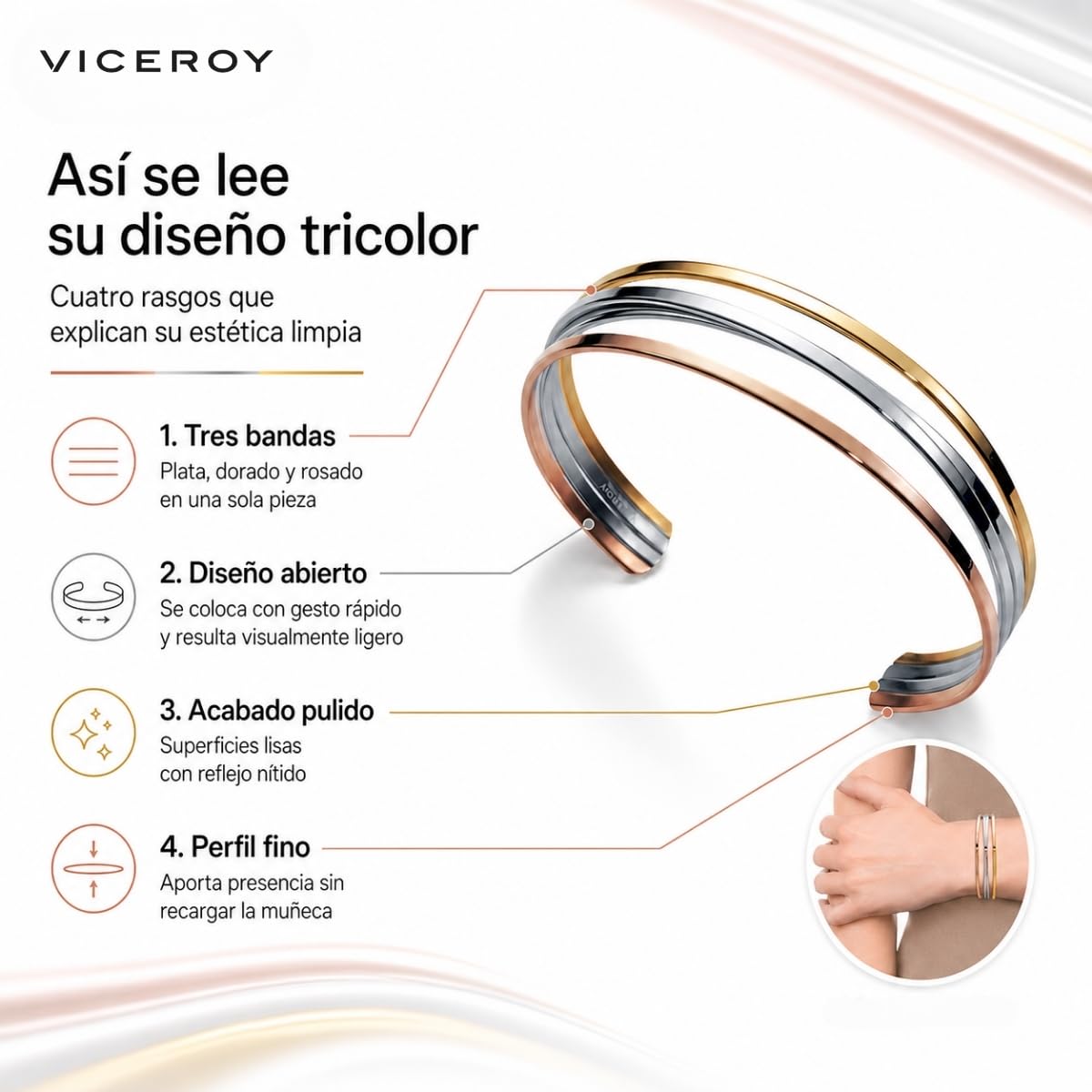 Viceroy Pulsera Air para Mujer de Acero Inoxidable en Tres Tonos - Diseño Abierto Minimalista - Combinación Plata, Dorado y Rosado - Joya Elegante