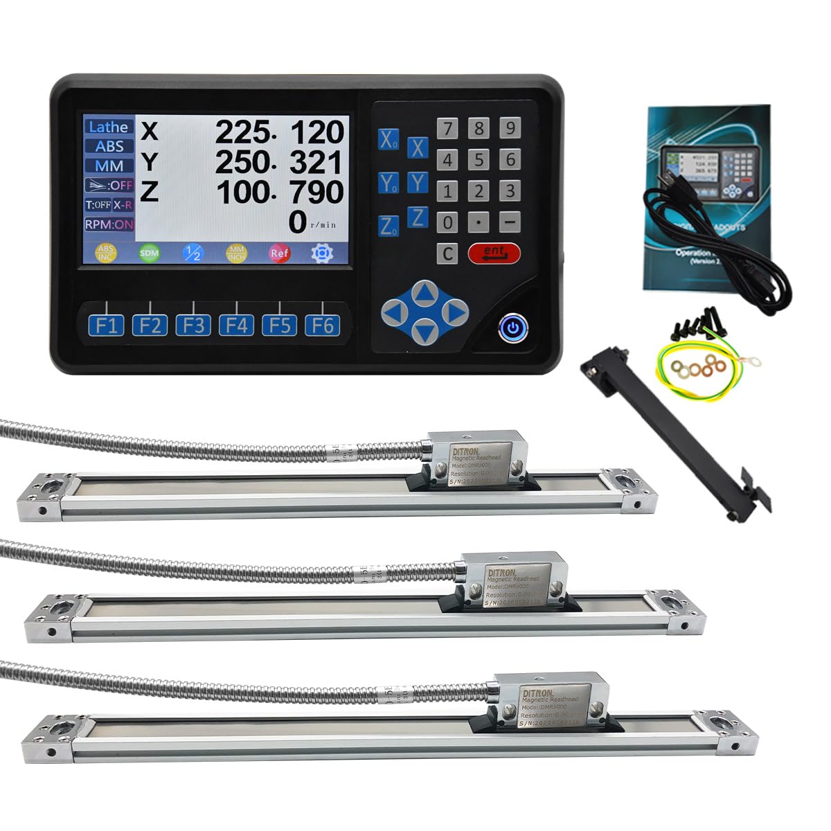 3Axis LCD DRO Multi-Function RPM Digital Readout Display,3pcs 5um 16''x32''x18'' Magnetic Scales EIA-422 Output IP67 DIY OEM Encoder Sensor for Lathe Milling Bridgeport Knee Mill
