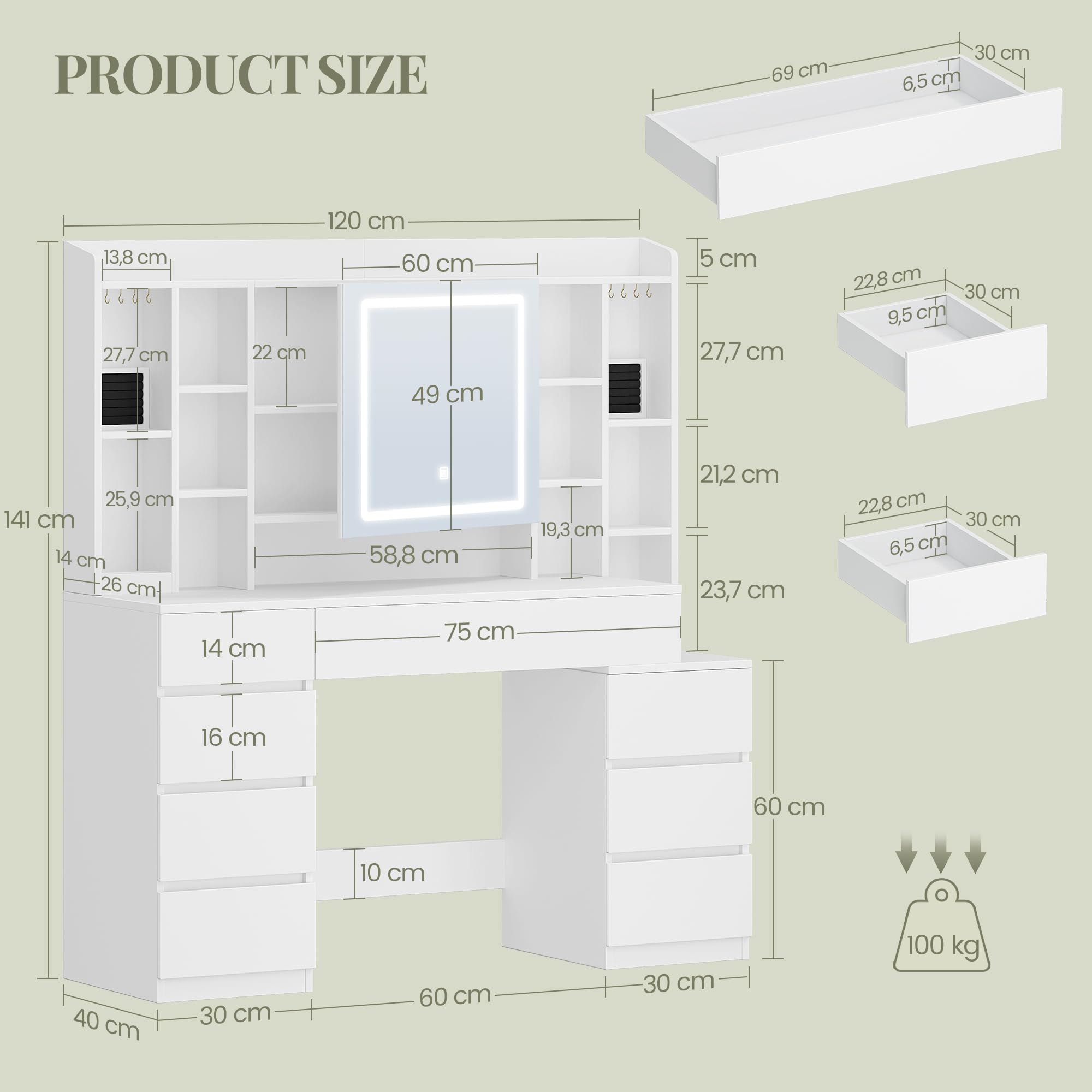 HEXCELEN 120 cm Tocador con Espejo y Luces LED, Mesa de Maquillaje con 8 Cajones y 11 Compartimentos, Brillo Ajustable, Tocador de Maquillaje con Joyero Integrado, 40 × 120 × 141 cm, Blanco