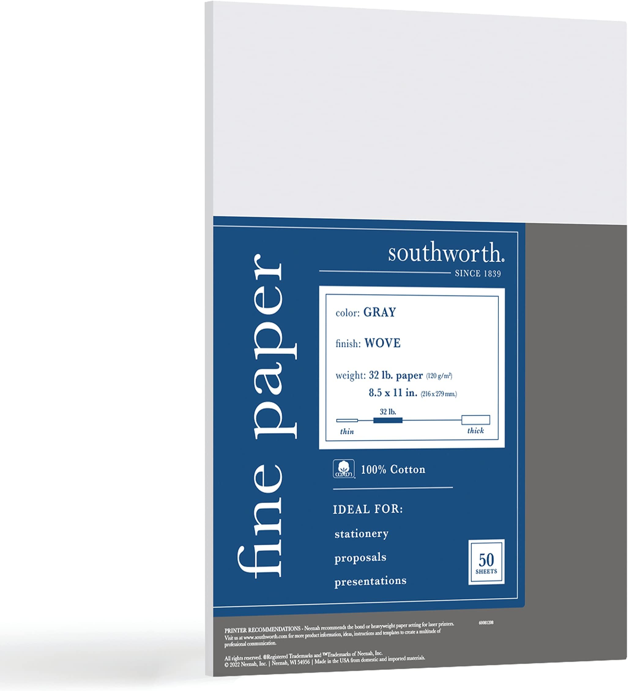 Southworth® 100% Cotton Business Paper, Letter Paper Size, 32 Lb, Gray, Pack Of 50 Sheets