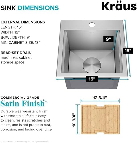 Miniatura 7 de KRAUS Kore KWT321-15 - Fregadero cuadrado de cocina o bar con estación de trabajo, 15 pulgadas, montaje empotrado, cuenco individual, de acero