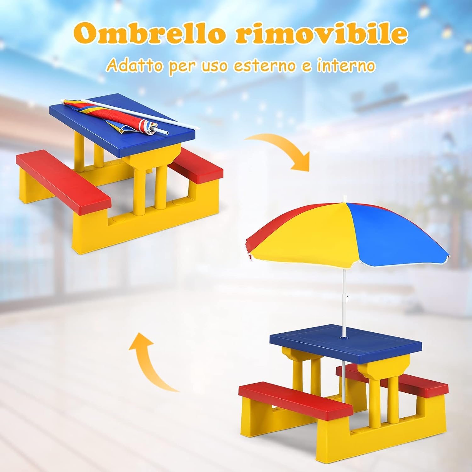 COSTWAY Tavolo da Picnic per Bambini con Parasole Pieghevole, Set di Tavolo e Panche per Festa e Picnic (Colore 1)
