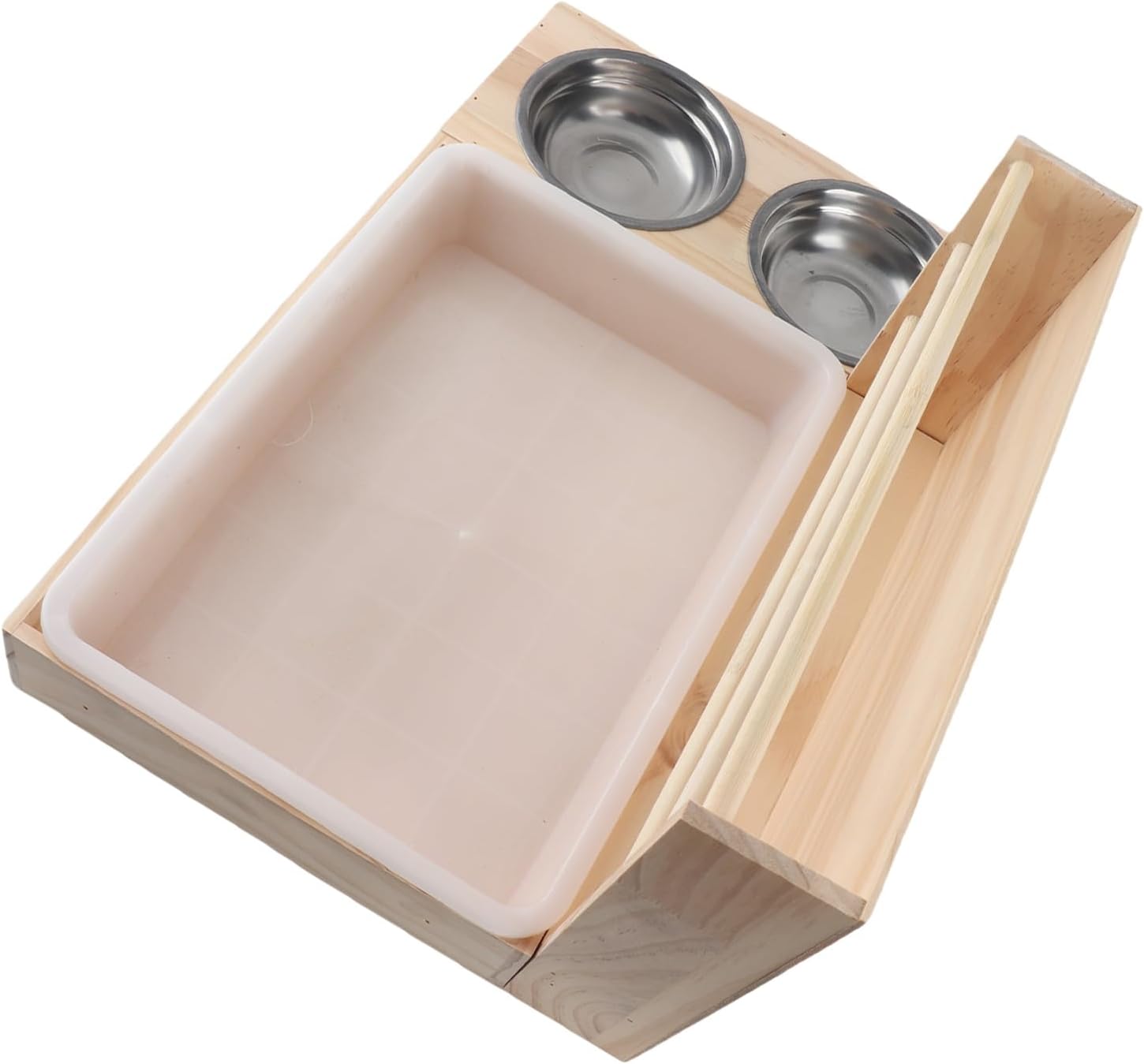 3 in 1 Large Rabbit Feeder, Litter Box & 2 Bowls, Wooden Bunny Toilet for Guinea, Chinchilla, Hamster & Small Animals, Anti Tipping Design Solid Wood Feeder