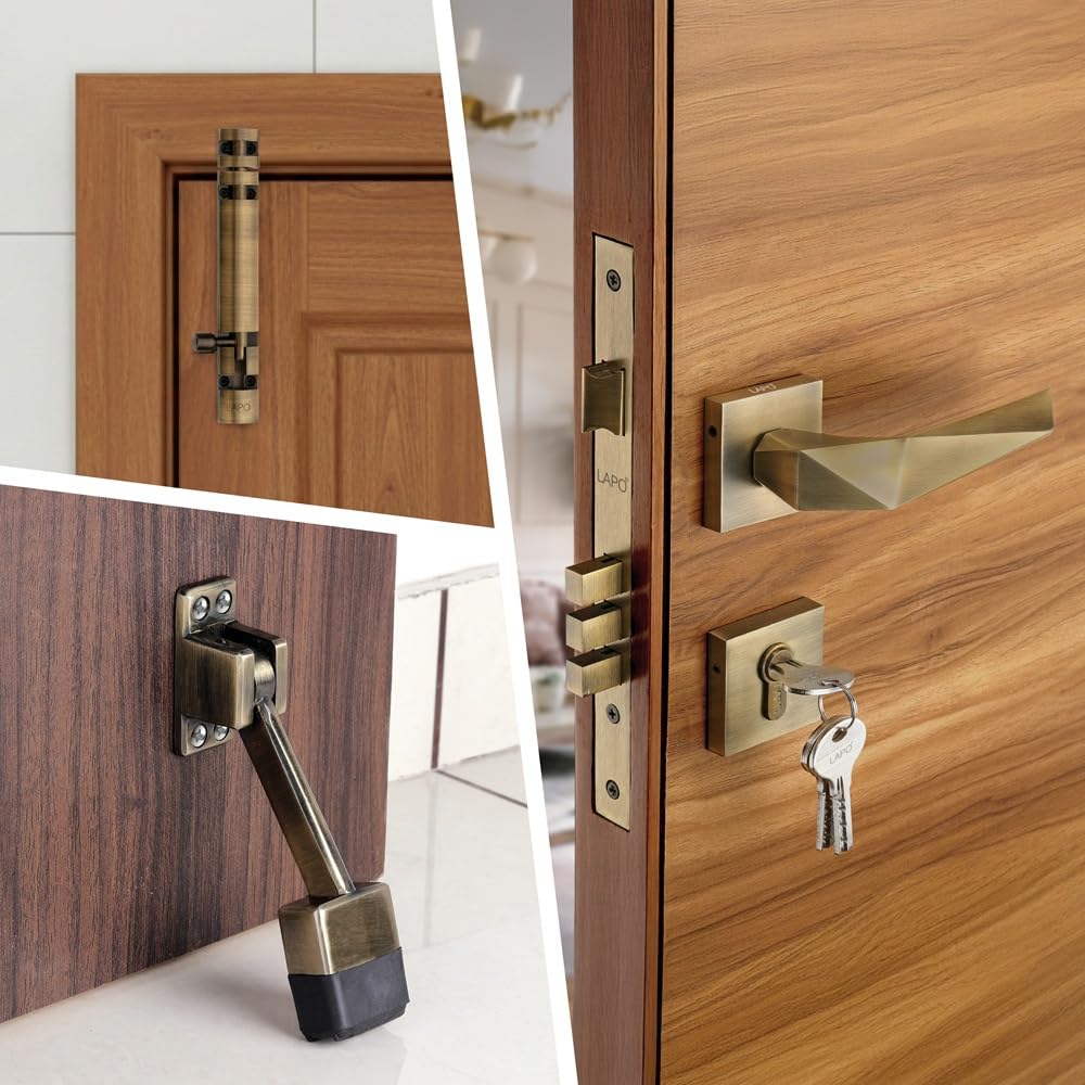 LAPO Heavy-Duty Main Door Lock Combo Set-Main Door Lock Set/8 Inch Tower Bolt/5 Inch Door Stopper for Home & Office Durable Hardware Set, 3 Years Warranty (Antique Finish)