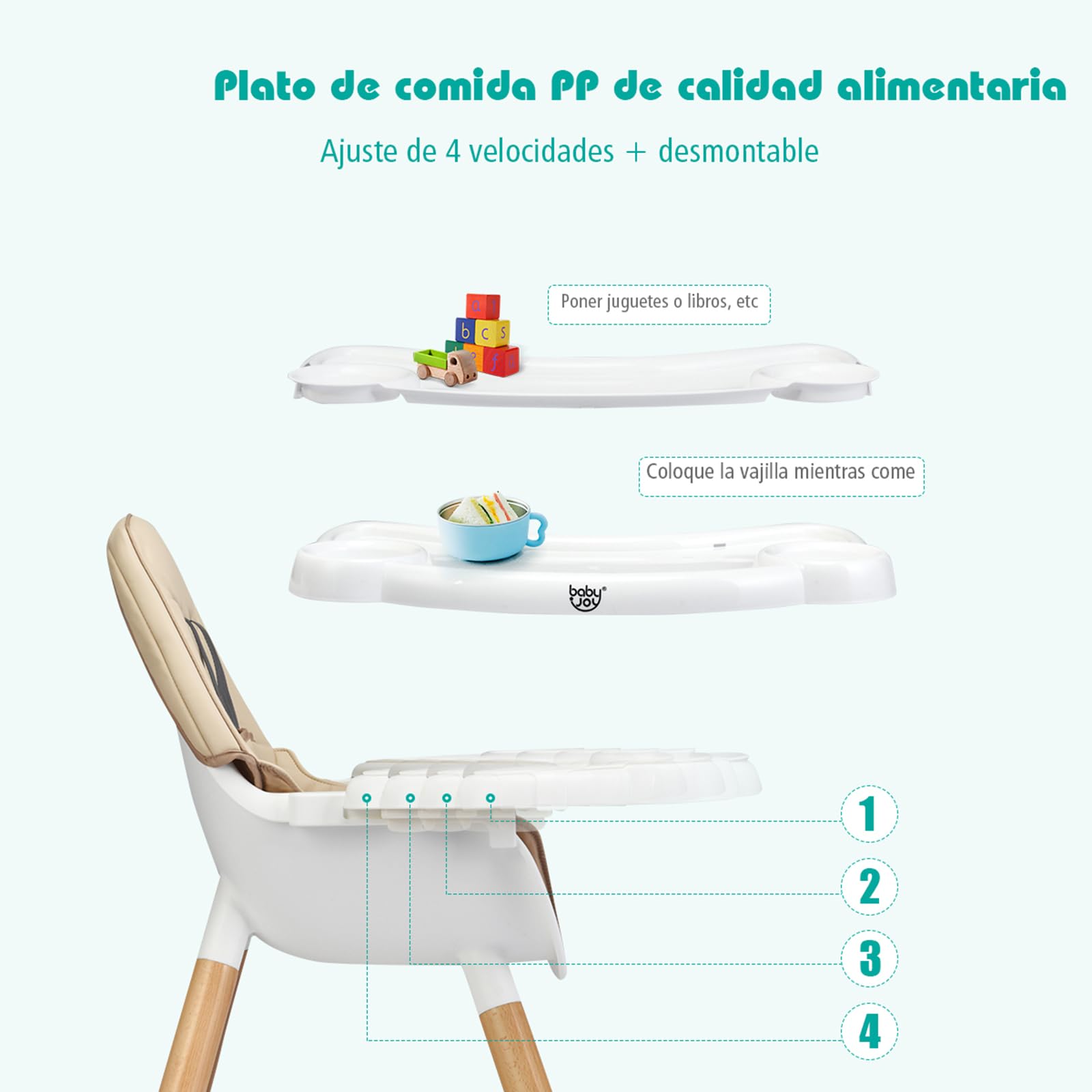 COSTWAY Trona para Bebé con Altura Ajustable, Silla Alta para Comer con Cinturón de Seguridad y Bandeja Extraíble, Trona Portátil Evolutiva Bebé (sin Tablero de Bloques, Caqui)