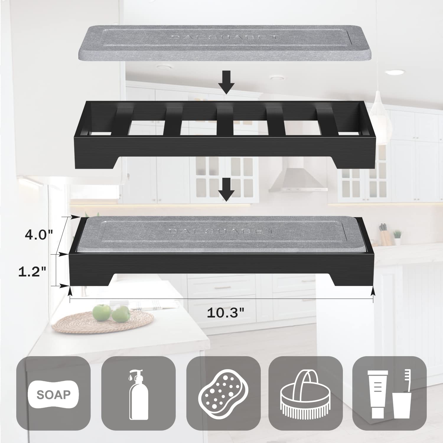 DALSHABET Kitchen Bathroom Sink Caddy Organizer, Sponge Soap Holder for Kitchen Sink Counter, Instant Dry Diatomaceous Earth Board with Bamboo Frame, Strong Water Absorption